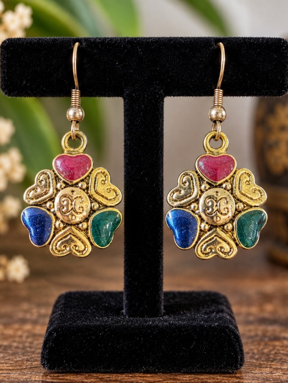 Vintage Tibetan Nepalese Style Heart Inlay Dangle Earrings Boho Artisan Jewelry